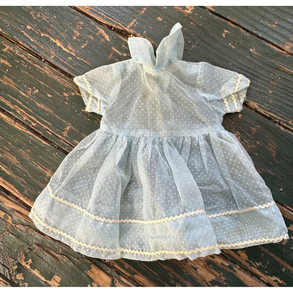 Vintage Light Blue Polka Dot Doll Dress Sheer Mesh Rickrack Trim 8.5 Inch